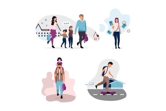 Parents with Schoolchildren Vector Art for Real-World Creative Projects